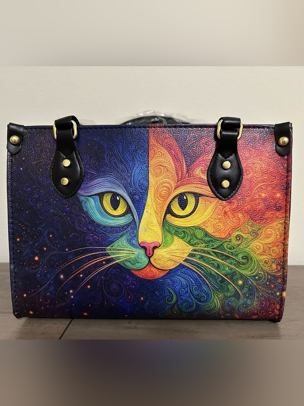 NWOT Custom Made Rainbow Galaxy Cat Artwork Handbag